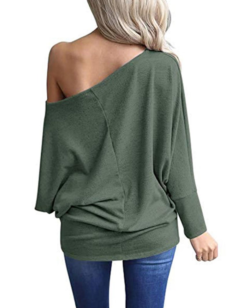 Poetsky Womens Tops and Blouses Off Shoulder Shirts Casual Loose Long Sleeve Tops, Green, L - Image 4